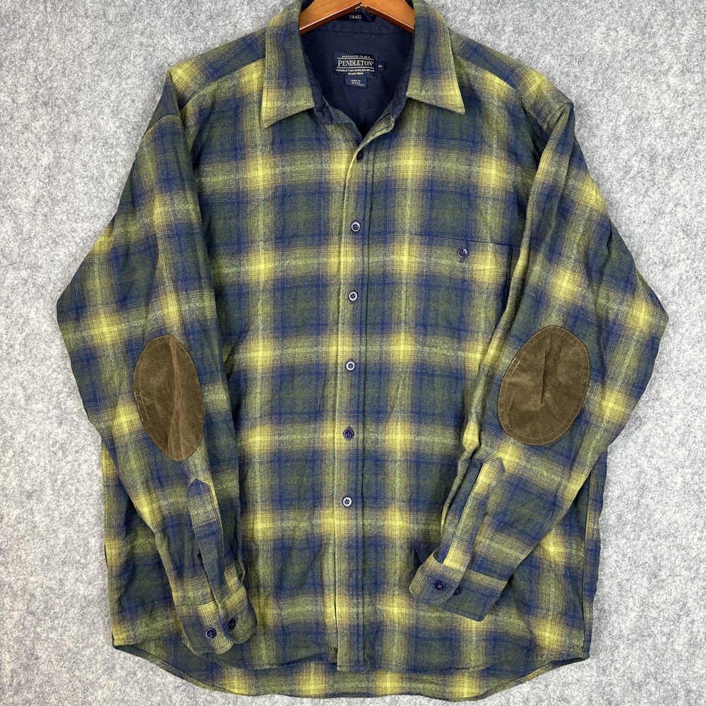 Pendleton Trail Shirt Mens XL Blue Green Tartan Plaid Wool Elbow Patch Hiking